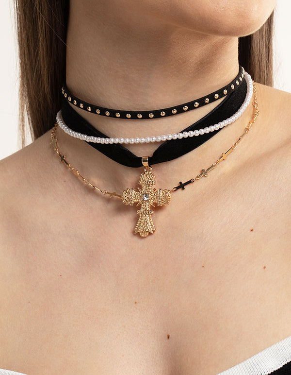Gold Multi Cross Pearl Choker
