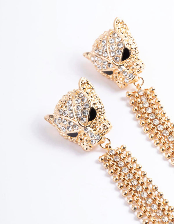 Gold Diamante Panther Cupchain Earrings