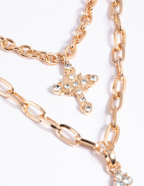 Gold Triple Row Mix Diamante Cross Necklace