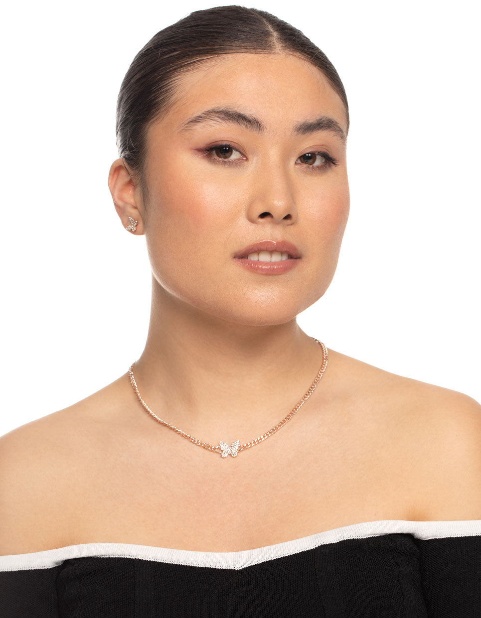 Rose Gold Diamante Butterfly Chain Earrings & Necklace