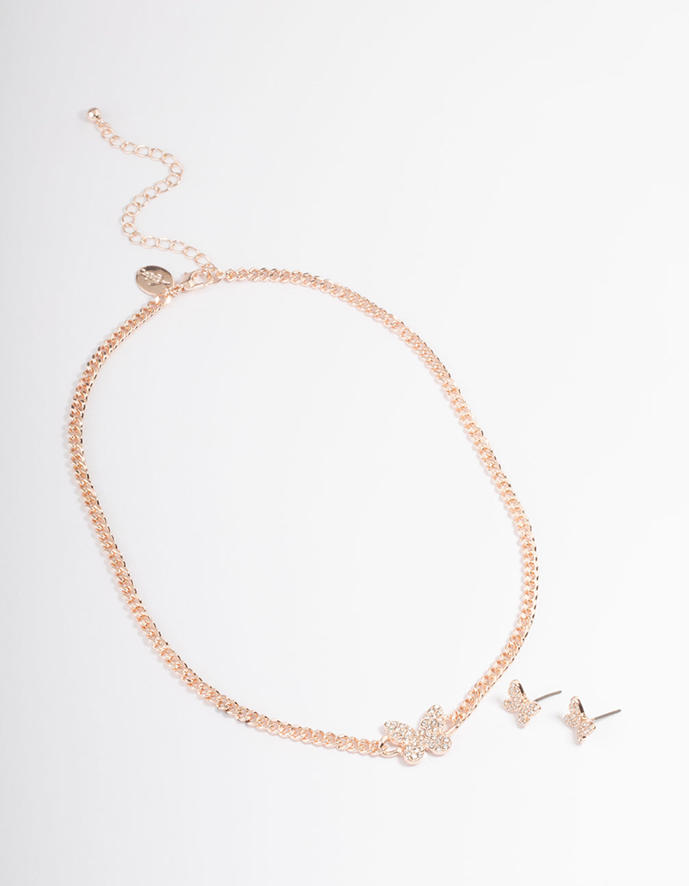 Rose Gold Diamante Butterfly Chain Earrings & Necklace