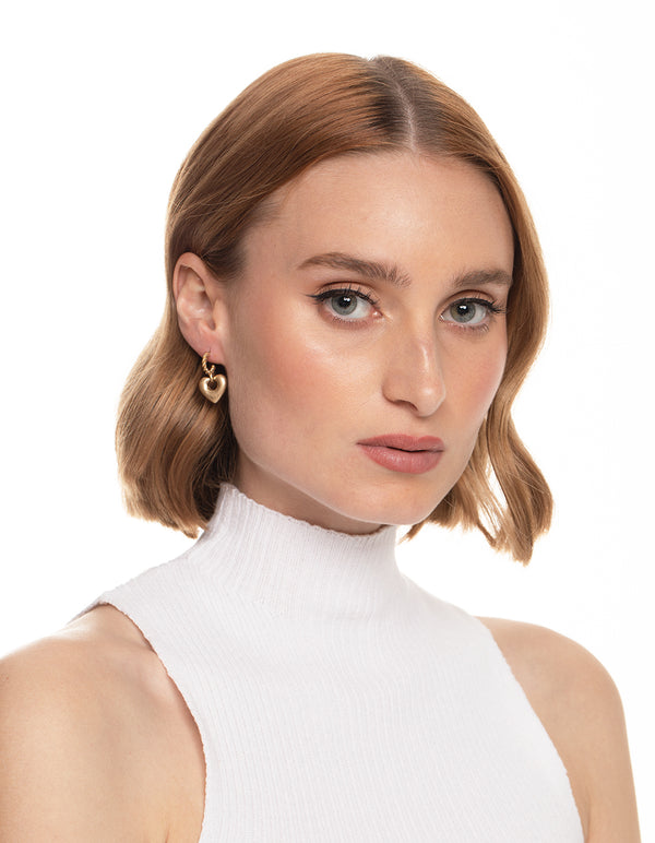 Worn Gold Mini Heart Drop Hoop Earrings