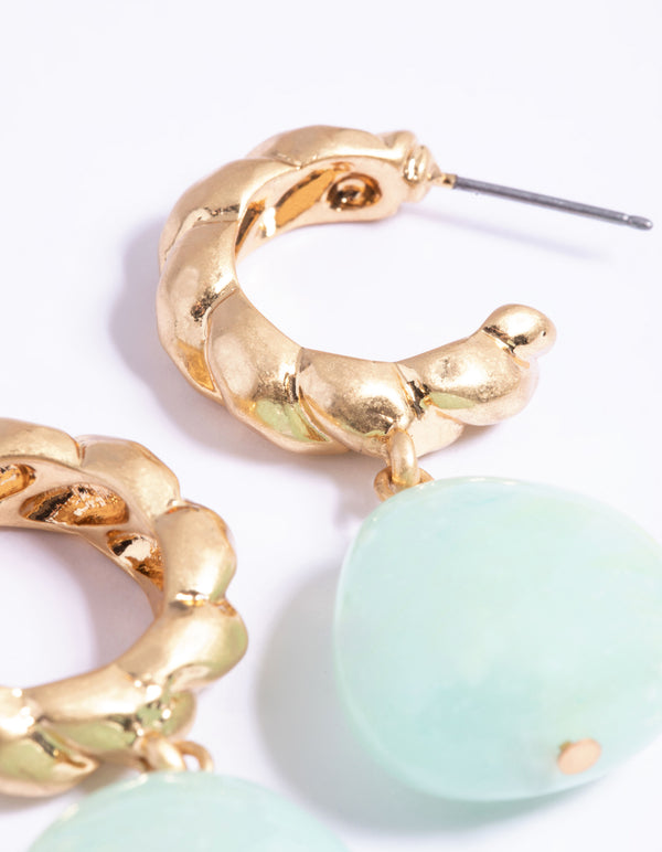 Worn Gold Crescent Hoop Blue Drop Earrings