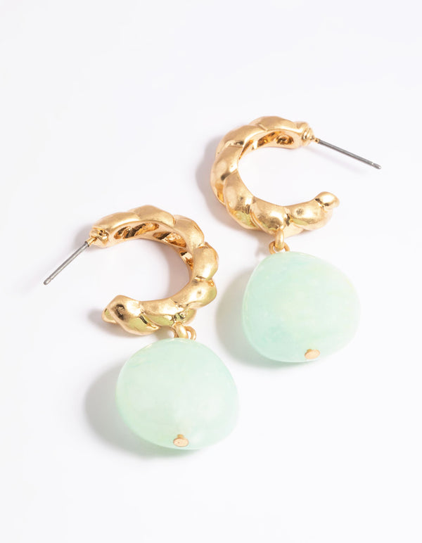 Worn Gold Crescent Hoop Blue Drop Earrings