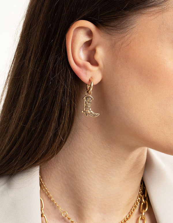 Worn Gold Cowboy Boot Charm Huggie Earrings