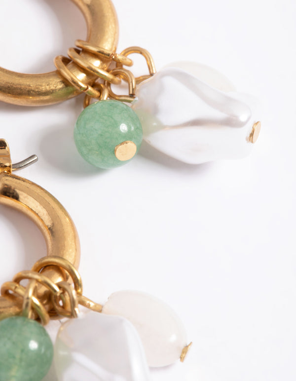 Worn Gold Pearl Three Charm Hoop Earrings