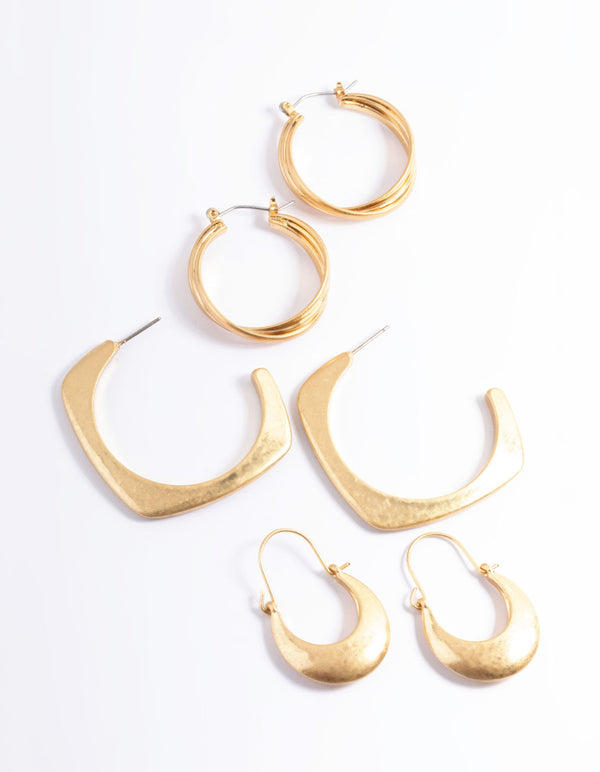 Worn Gold Mixed Shape Pack Hoop Earrings