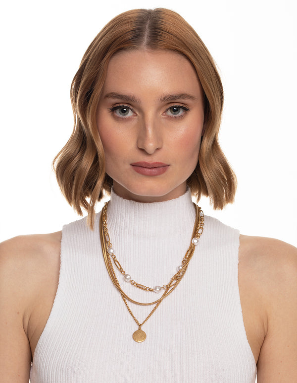 Worn Gold Mix Chain & Pearl Layer Necklace