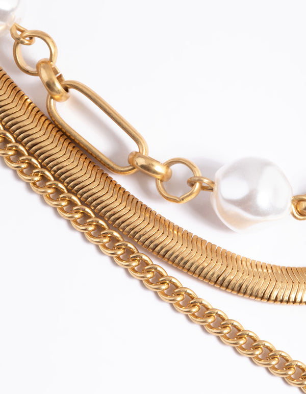 Worn Gold Mix Chain & Pearl Layer Necklace