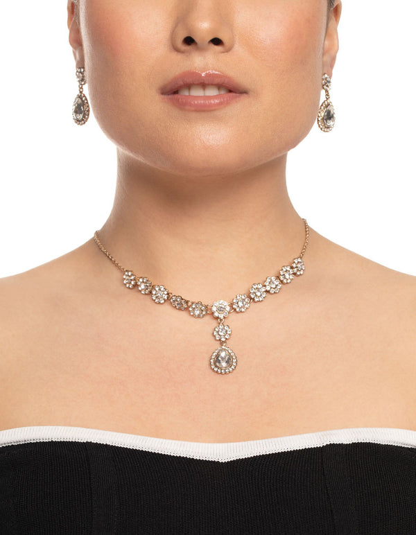 Antique Gold Diamante Flower Earring & Necklace Set