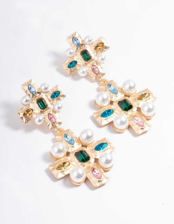 Gold Gem Double Cross Earrings
