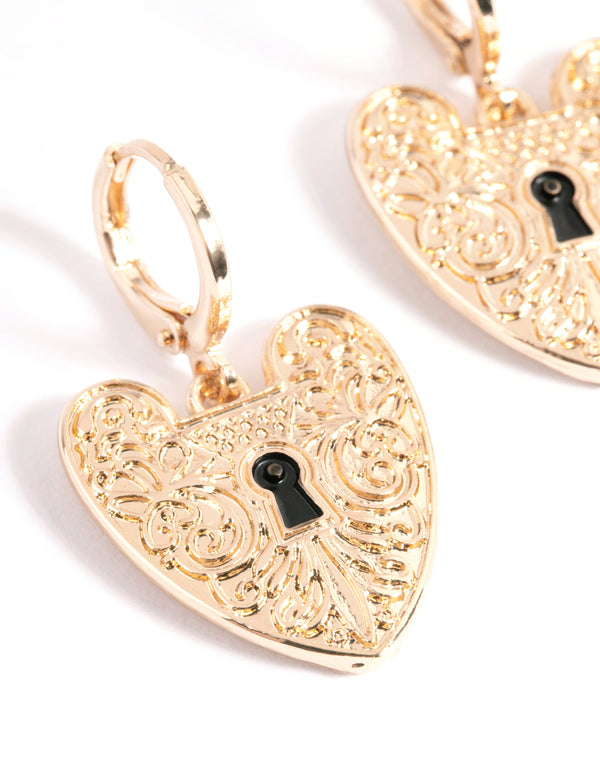 Gold Padlock Heart Drop Earrings