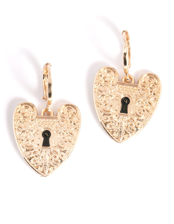 Gold Padlock Heart Drop Earrings