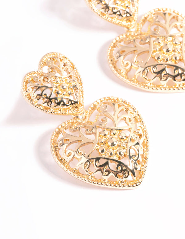 Gold Double Heart Drop Earrings