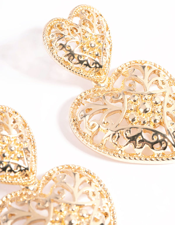 Gold Double Heart Drop Earrings