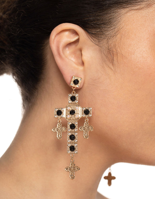 Gold Diamante Pearl Cross Earrings