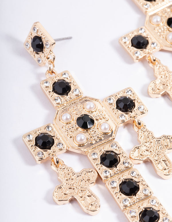 Gold Diamante Pearl Cross Earrings