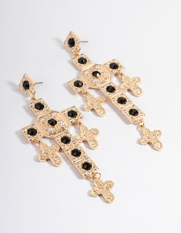 Gold Diamante Pearl Cross Earrings