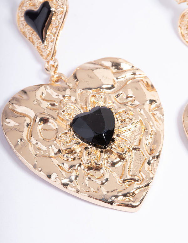 Gold Duo Heart Stamped Gem Earrings