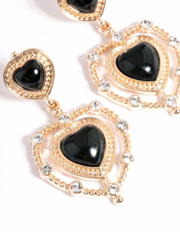 Gold Double Heart Drop Earrings