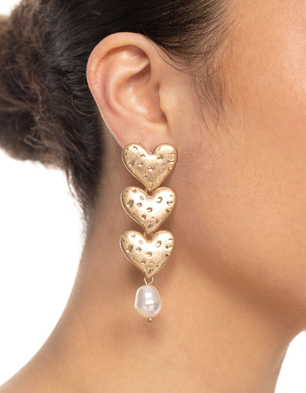 Gold Trio Heart Pearl Drop Earrings