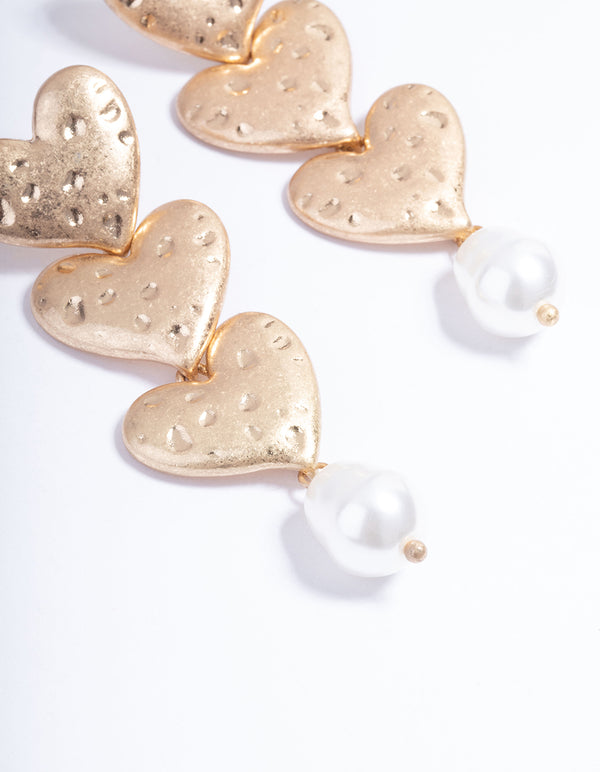 Gold Trio Heart Pearl Drop Earrings
