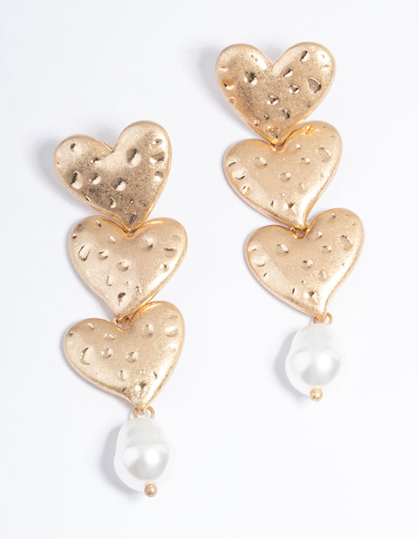 Gold Trio Heart Pearl Drop Earrings