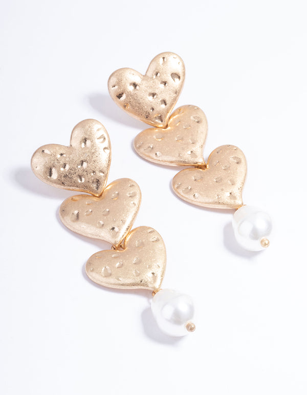 Gold Trio Heart Pearl Drop Earrings