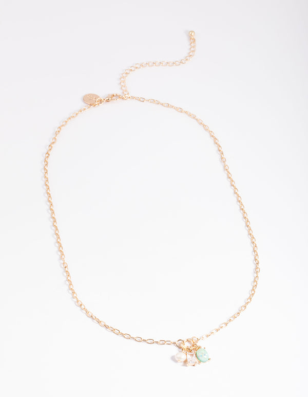 Gold Freshwater Pearl & Diamante Cluster Pendant Necklace
