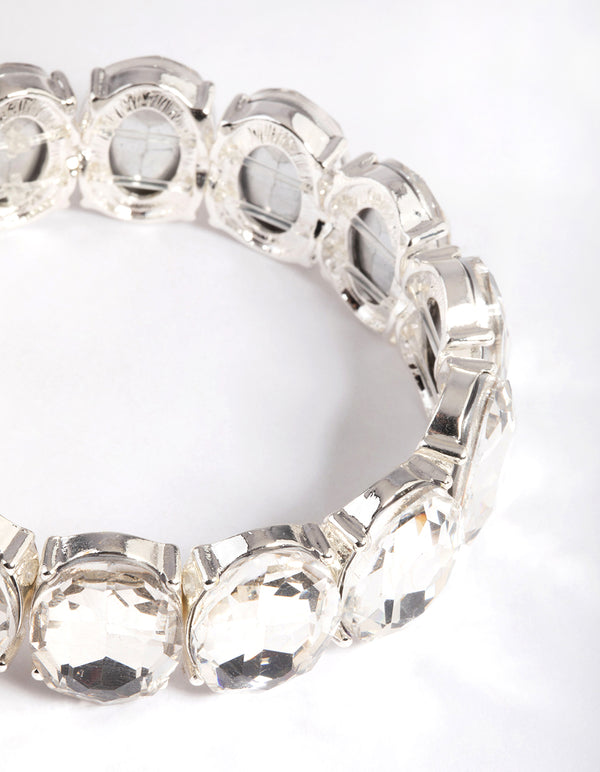 Silver Large Oval Diamante Stretch Bracelet