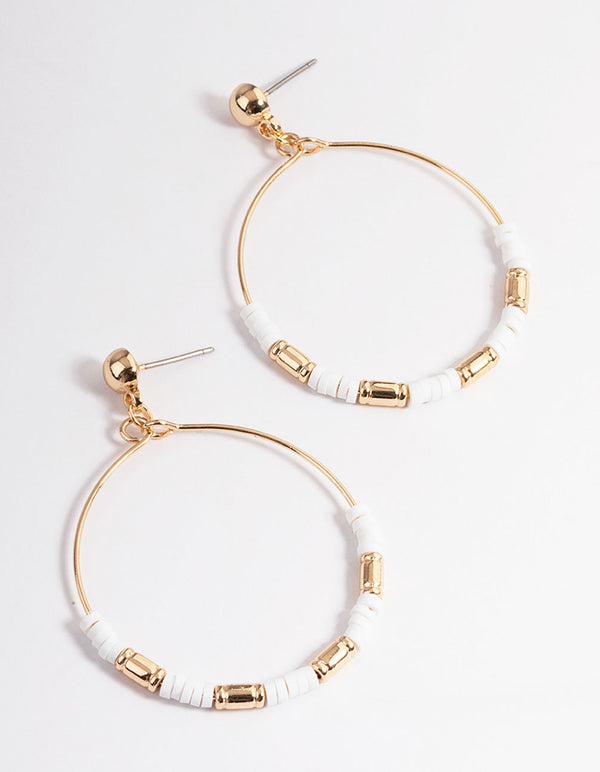 Gold White Disc Bead Wire Drop Earrings