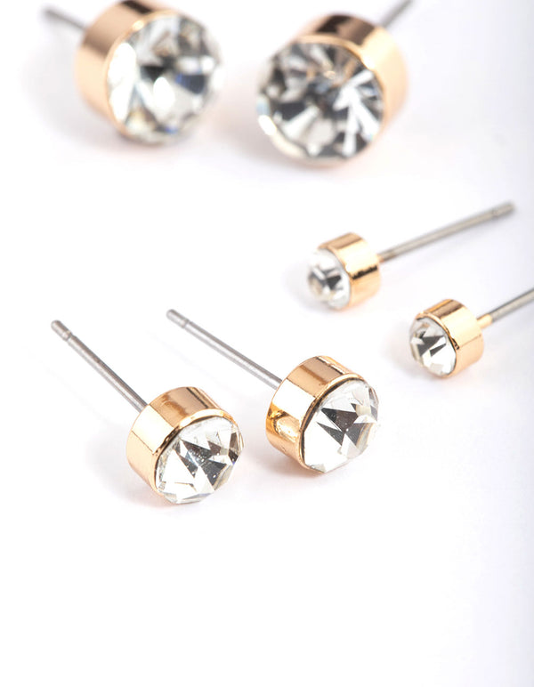 Gold Diamante Stud Earrings 4-Pack