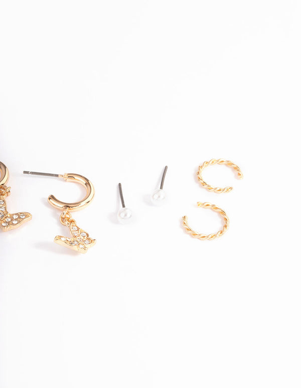 Gold Pearl & Butterfly Earrings 4-Pack
