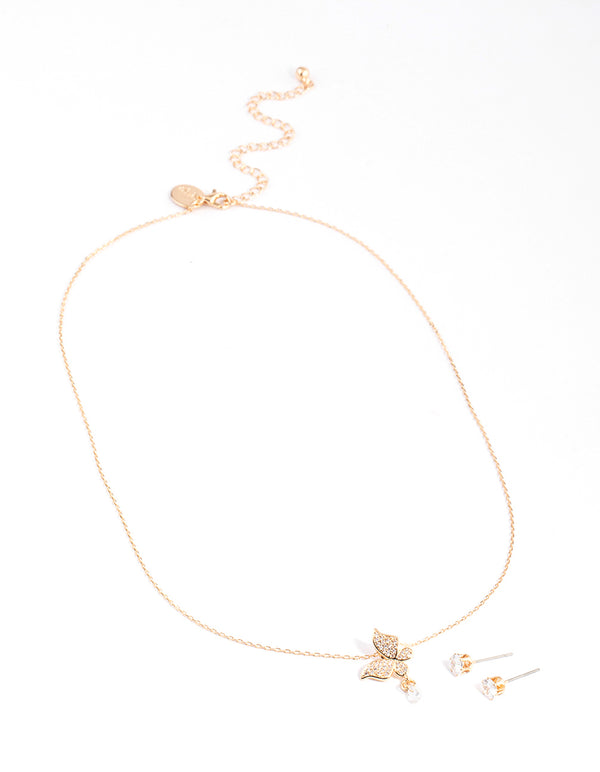 Gold Cubic Zirconia Butterfly Dangle Earrings & Necklace Set