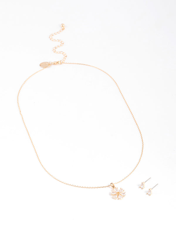 Gold Cubic Zirconia Pear Flower Earrings & Necklace Set