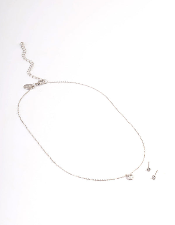 Rhodium Cubic Zirconia Bezel Earrings & Necklace Set