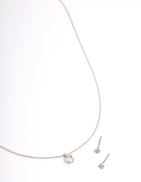 Rhodium Cubic Zirconia Bezel Earrings & Necklace Set