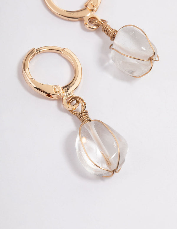 Gold Clear Quartz Wire Wrap Huggie Earrings