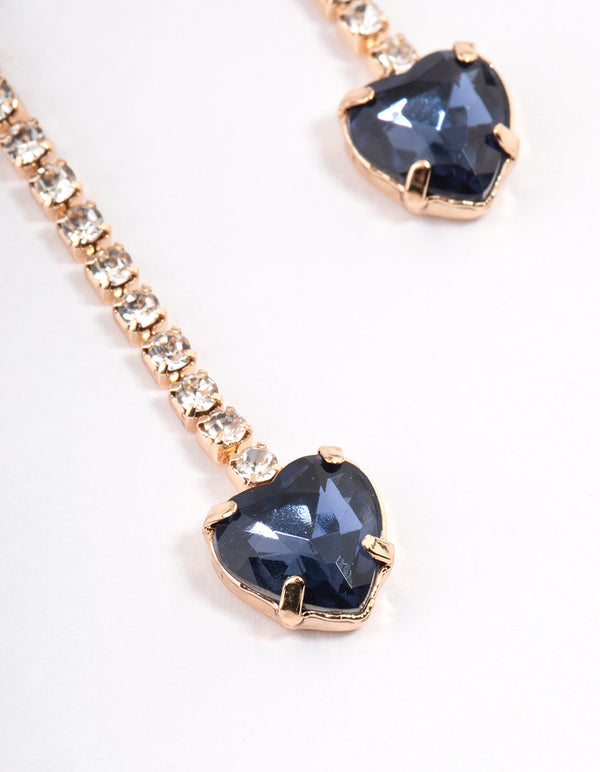 Gold Diamante Cupchain Navy Heart Drop Earrings