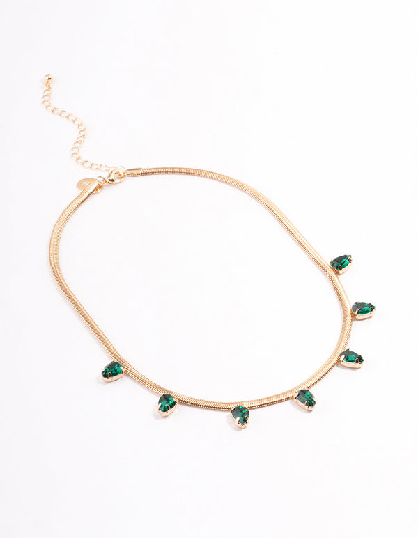 Gold Molten & Green Stone Snake Chain Necklace