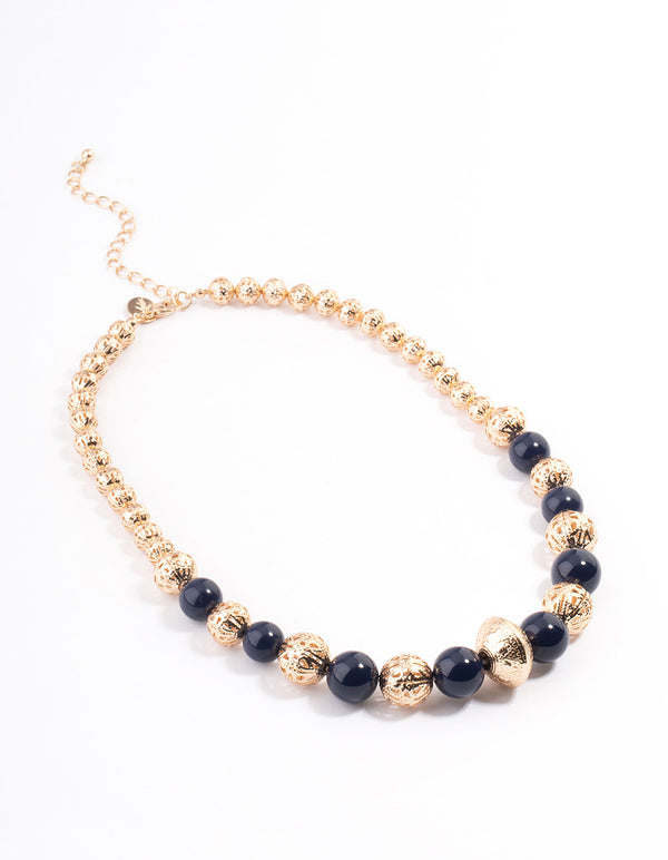 Navy Pattern Mixed Size Ball Necklace