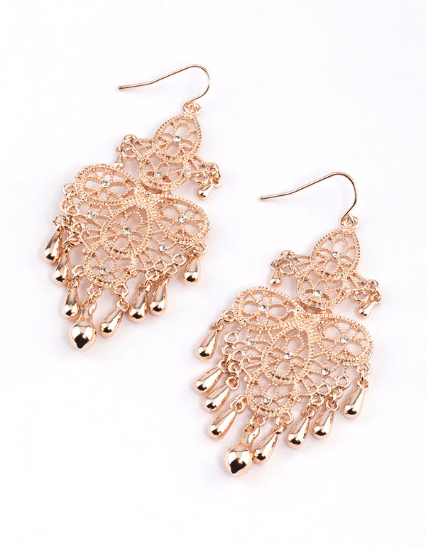 Rose Gold Statement Filigree Tassel Drop Earrings
