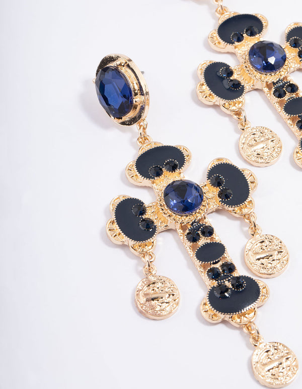 Gold Cross Coin Statement Drop Earrings