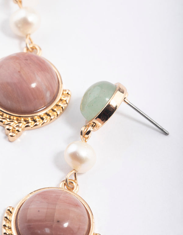 Gold Round Rhodonite Drop Earrings