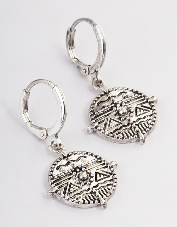 Antique Silver Flat Coin Hoop Earrings