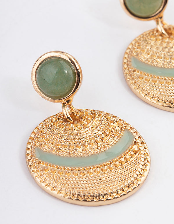 Gold Aventurine Disc Enamel Hoop Earrings