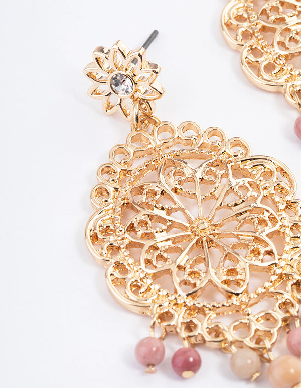 Gold Rhodonite Stamped Pendant Earrings