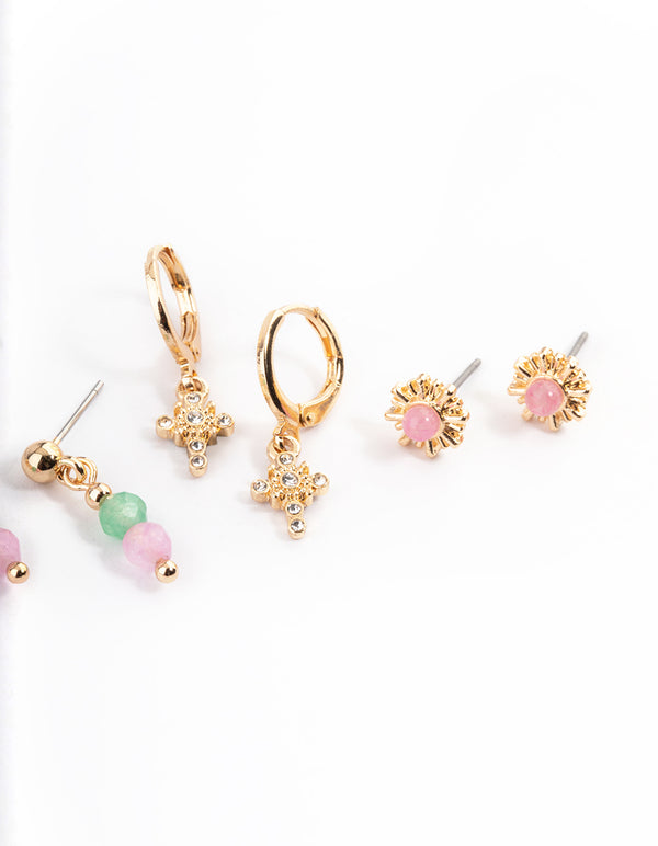 Gold Cross Stacker Pack Earrings