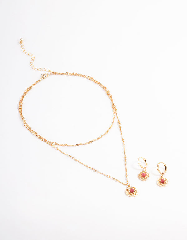 Gold Rhodonite Earring & Necklace Set