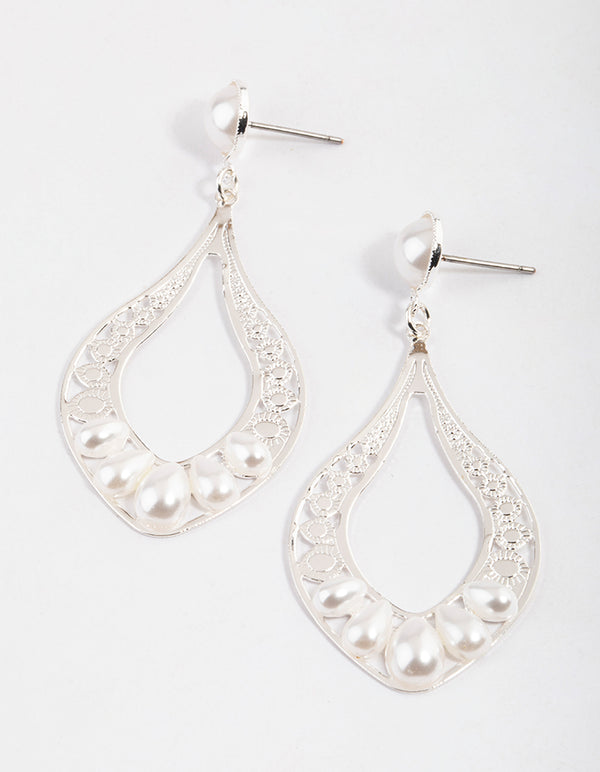Silver Open Ornate Pearl Drop Earrings